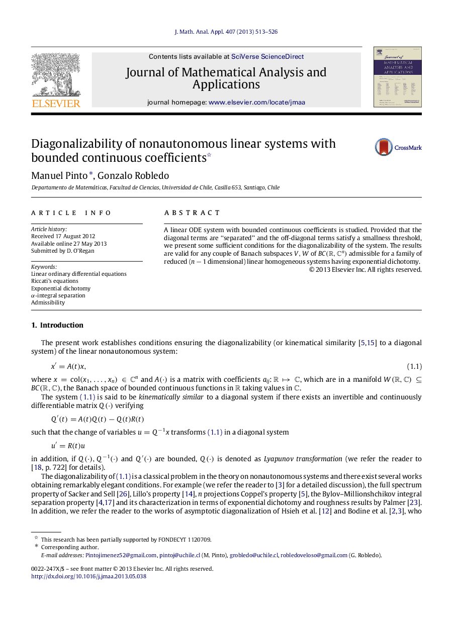 Diagonalizability of nonautonomous linear systems with bounded continuous coefficients 