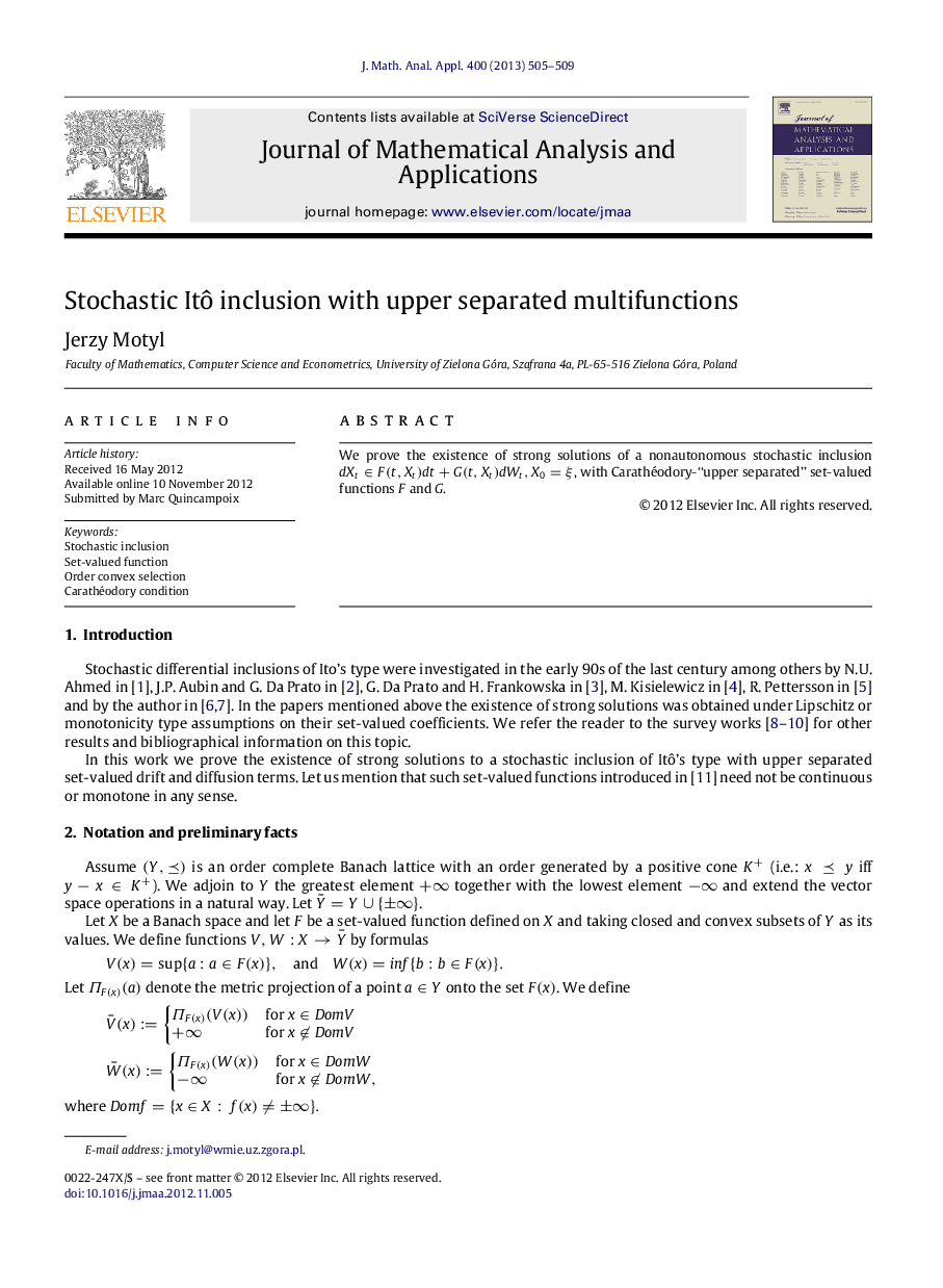 Stochastic ItÃ´ inclusion with upper separated multifunctions