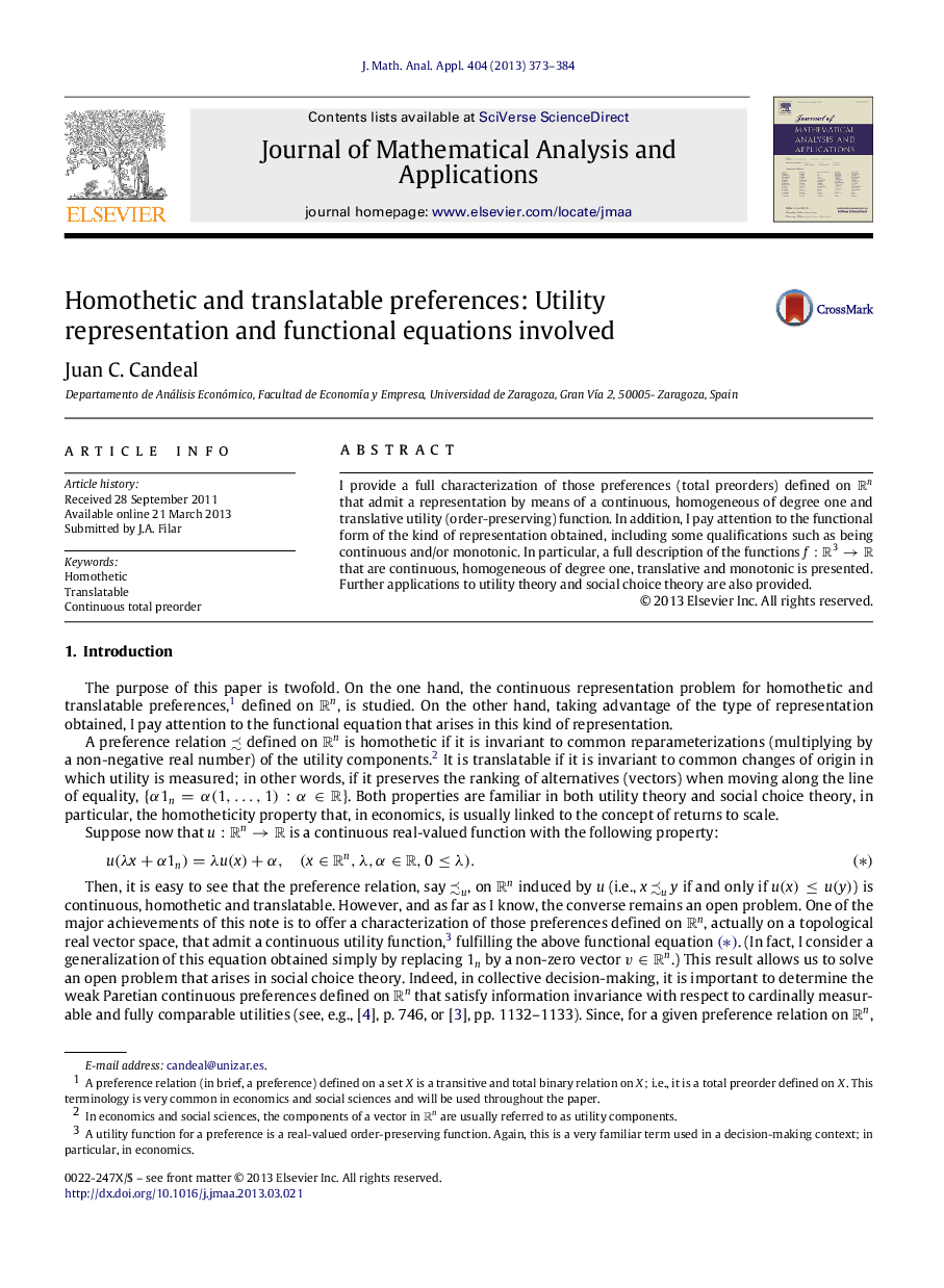 عکس صفحه اول مقاله: Homothetic and translatable preferences: Utility representation and functional equations involved Homothetic and translatable preferences: Utility representation and functional equations involved