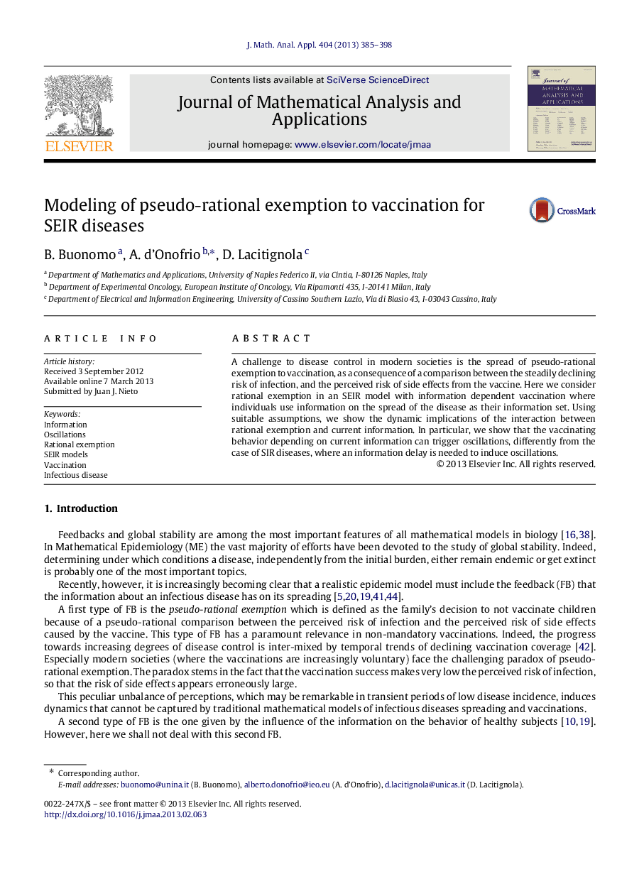 عکس صفحه اول مقاله: Modeling of pseudo-rational exemption to vaccination for SEIR diseases Modeling of pseudo-rational exemption to vaccination for SEIR diseases