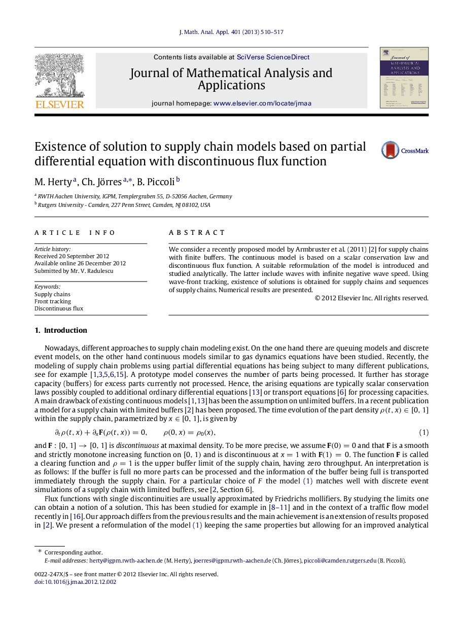 Existence of solution to supply chain models based on partial differential equation with discontinuous flux function