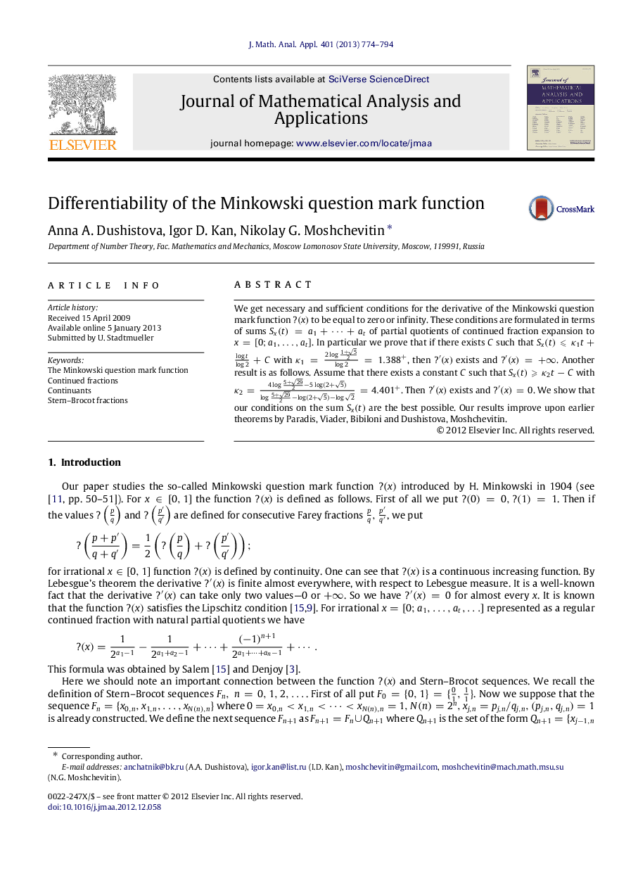 Differentiability of the Minkowski question mark function