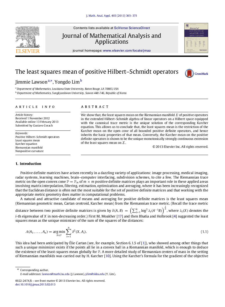 The least squares mean of positive Hilbert–Schmidt operators