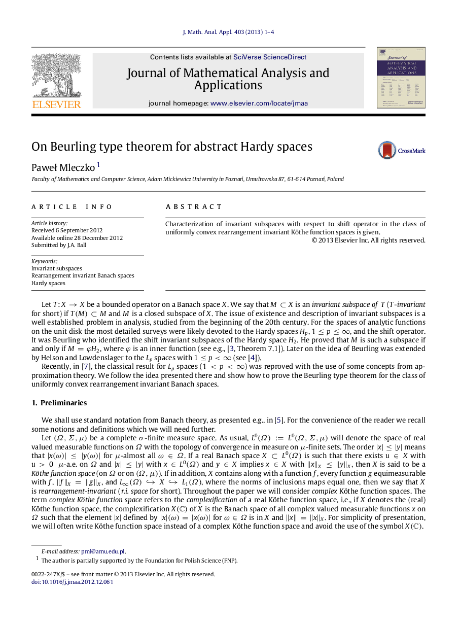 On Beurling type theorem for abstract Hardy spaces