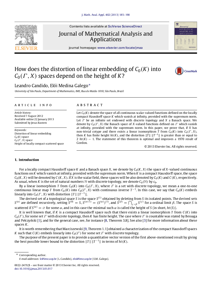 How does the distortion of linear embedding of C0(K) into C0(Î,X) spaces depend on the height of K?