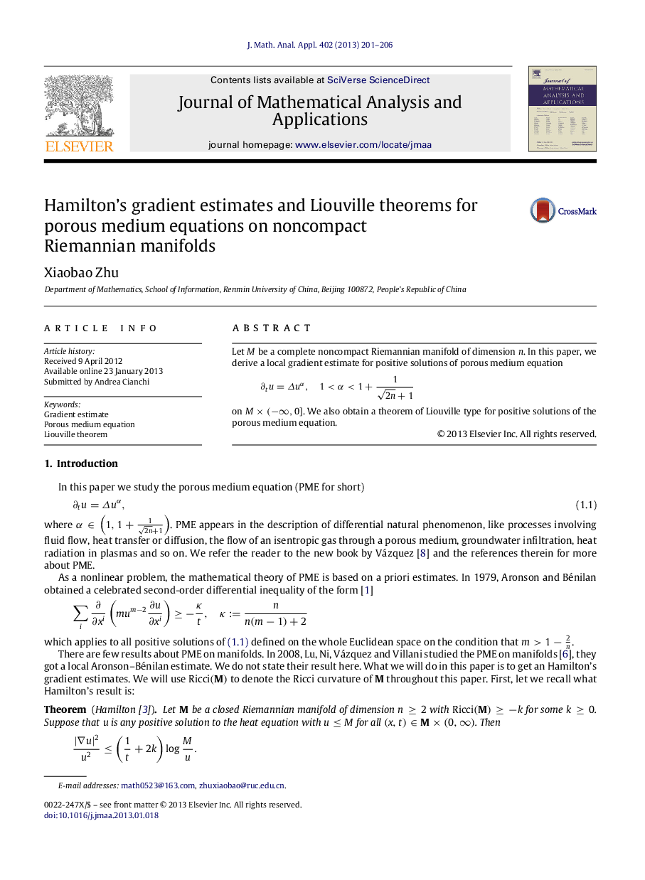 عکس صفحه اول مقاله: Hamilton's gradient estimates and Liouville theorems for porous medium equations on noncompact Riemannian manifolds Hamilton's gradient estimates and Liouville theorems for porous medium equations on noncompact Riemannian manifolds
