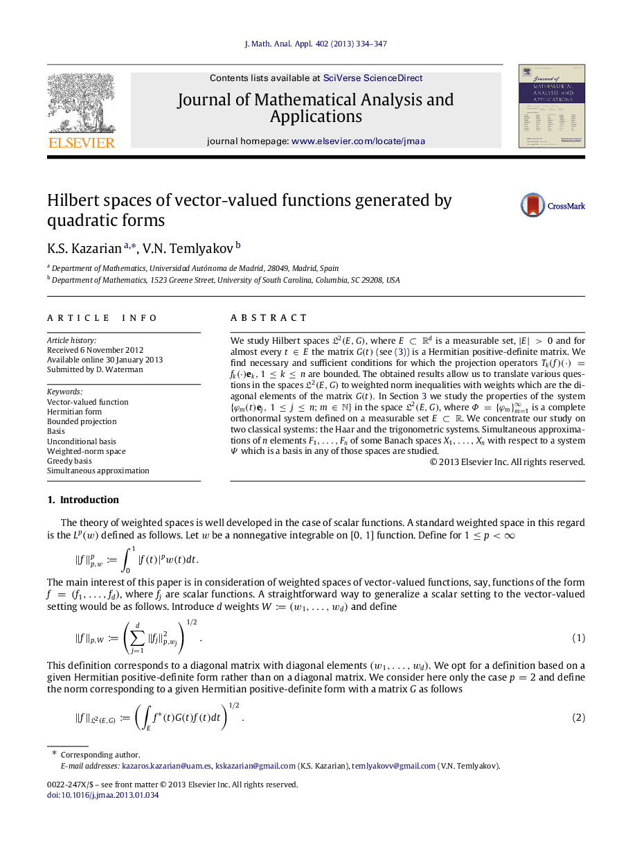 Hilbert spaces of vector-valued functions generated by quadratic forms