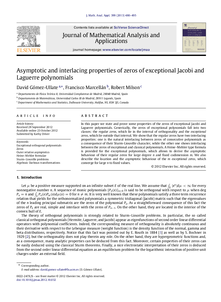 Asymptotic and interlacing properties of zeros of exceptional Jacobi and Laguerre polynomials