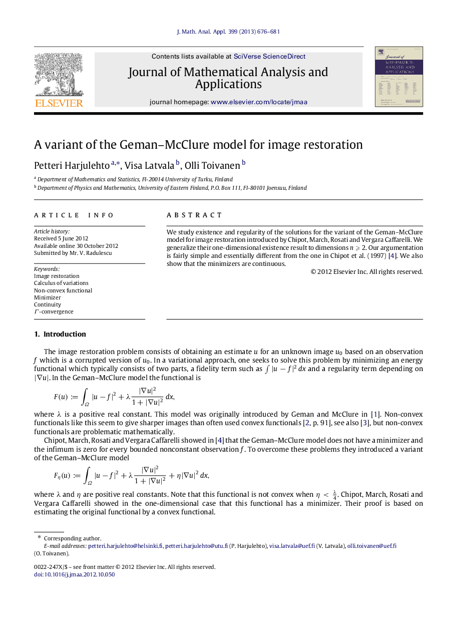 A variant of the Geman–McClure model for image restoration