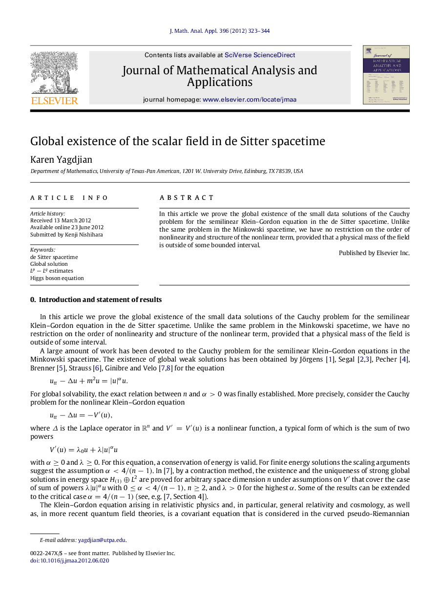 Global existence of the scalar field in de Sitter spacetime