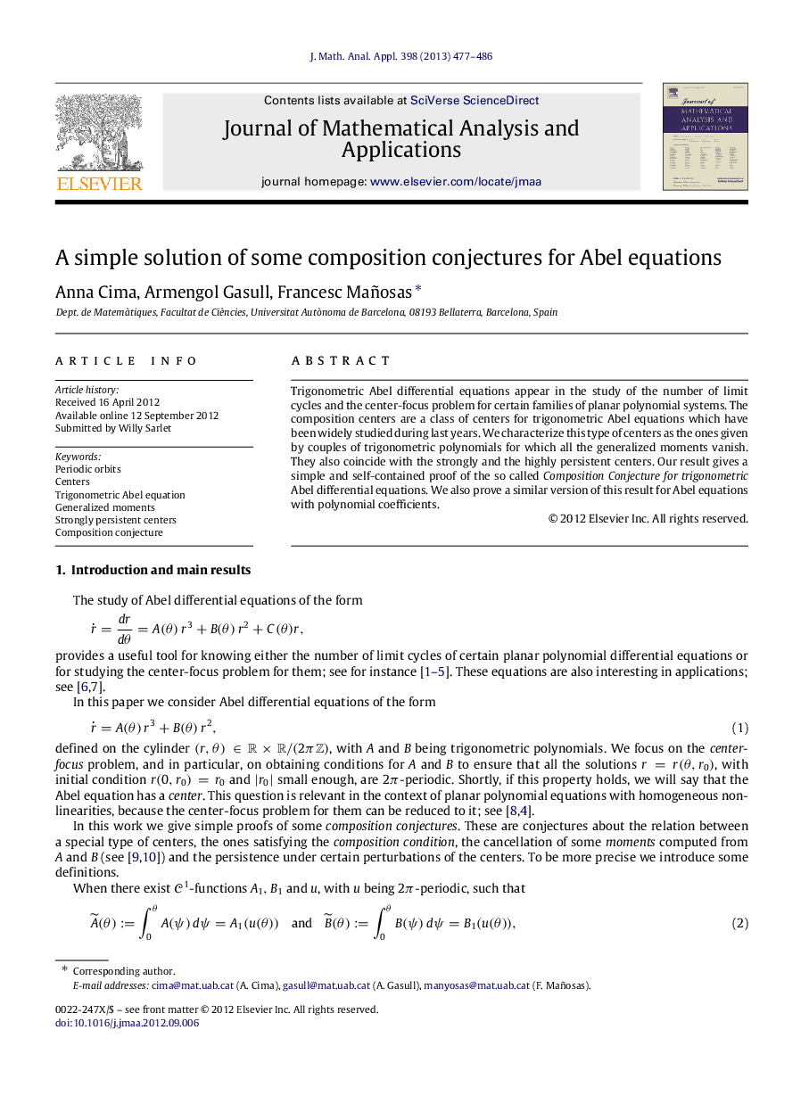 A simple solution of some composition conjectures for Abel equations