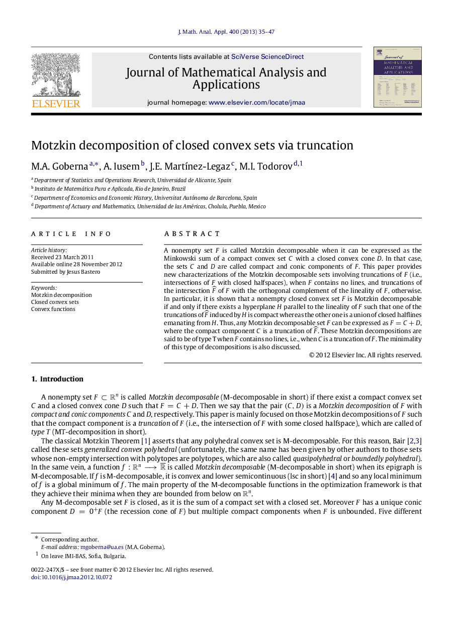 Motzkin decomposition of closed convex sets via truncation