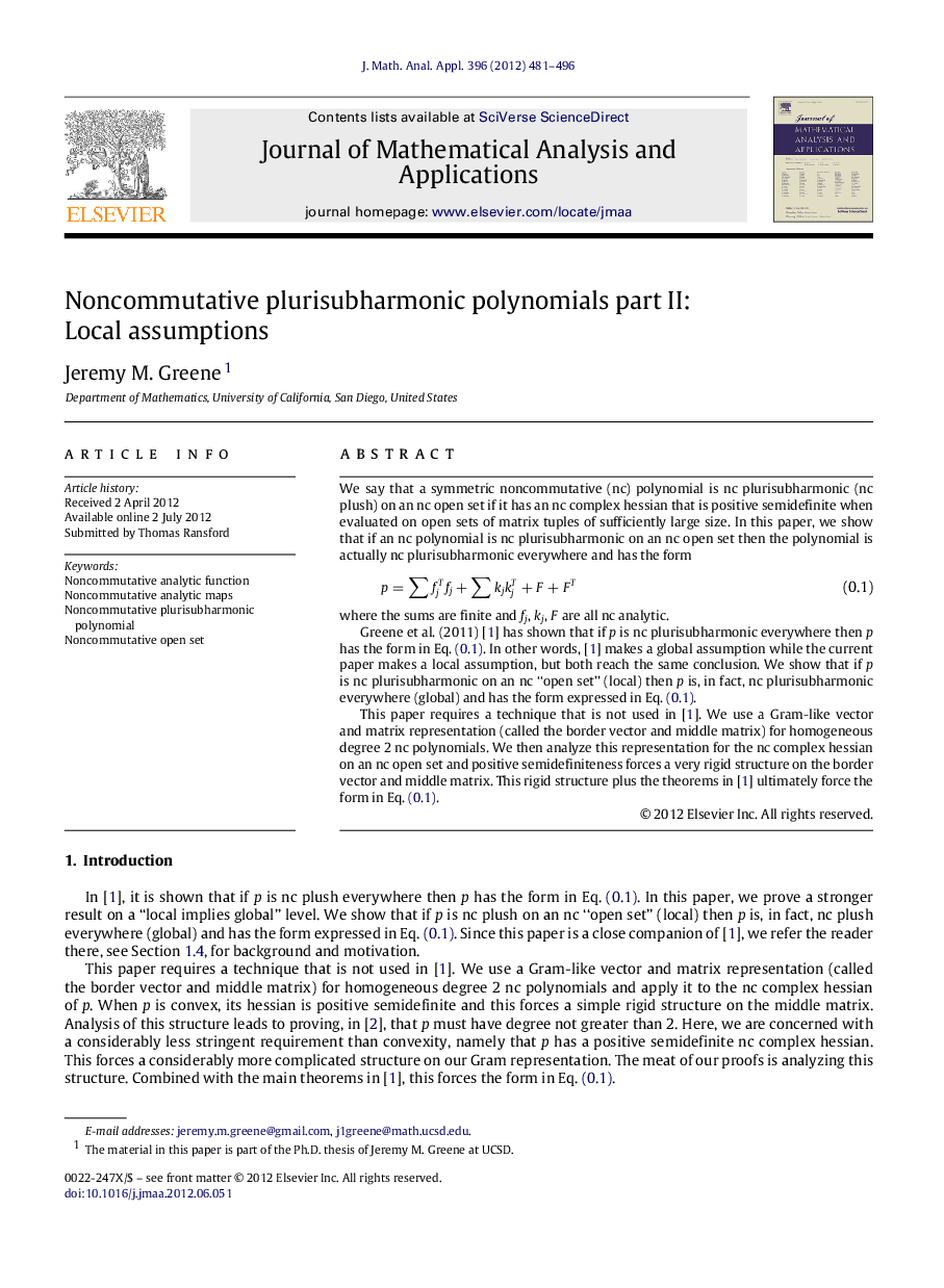 Noncommutative plurisubharmonic polynomials part II: Local assumptions