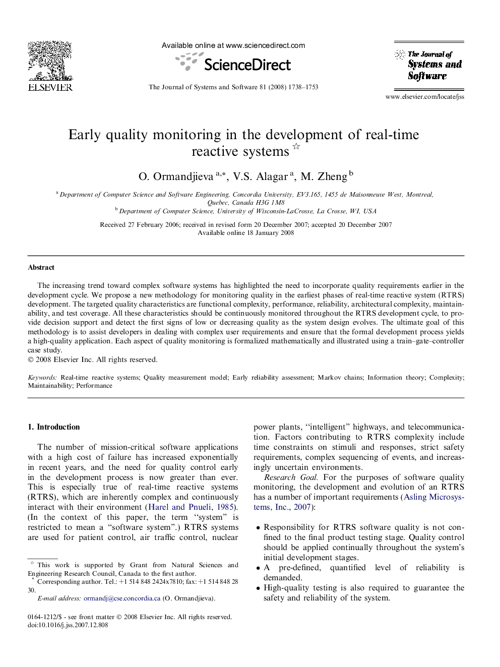 Early quality monitoring in the development of real-time reactive systems 