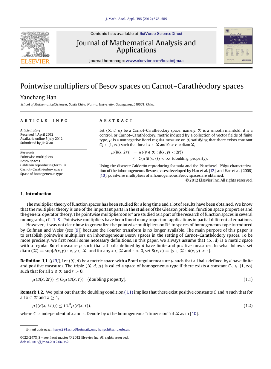 Pointwise multipliers of Besov spaces on Carnot–Carathéodory spaces