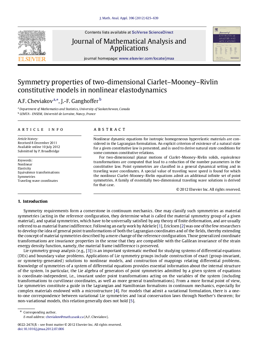 Symmetry properties of two-dimensional Ciarlet–Mooney–Rivlin constitutive models in nonlinear elastodynamics