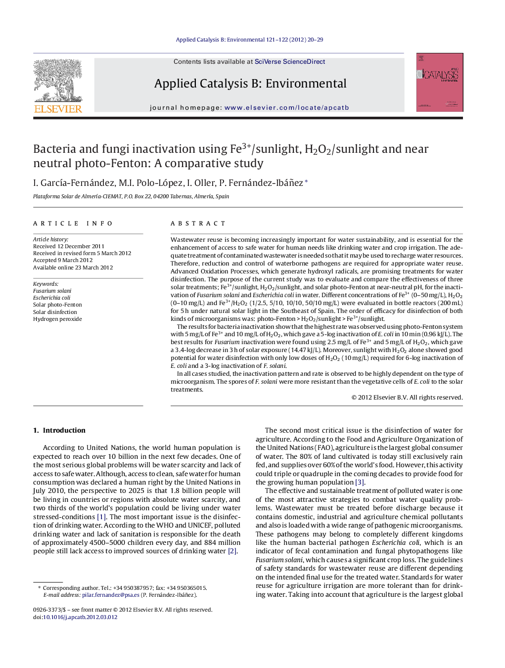 Bacteria and fungi inactivation using Fe3+/sunlight, H2O2/sunlight and near neutral photo-Fenton: A comparative study