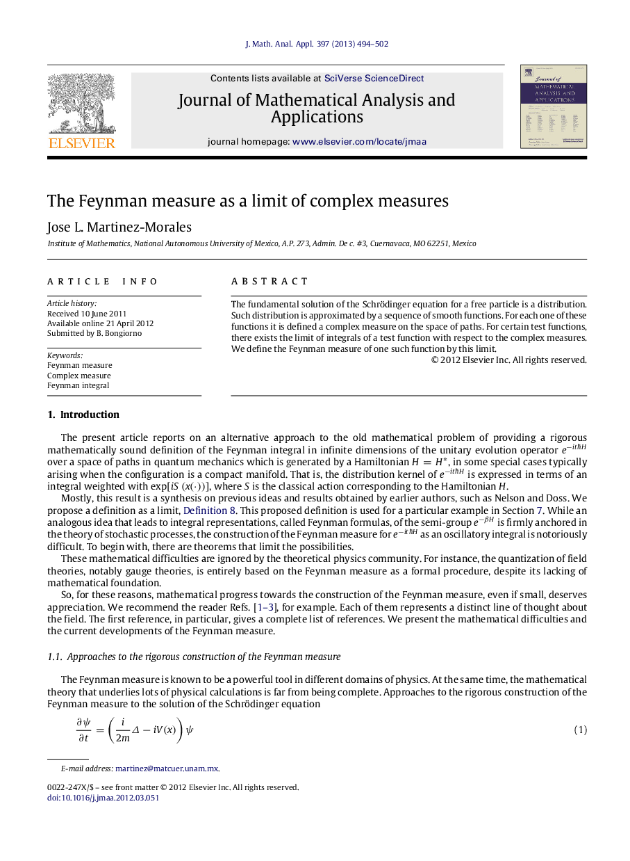 The Feynman measure as a limit of complex measures