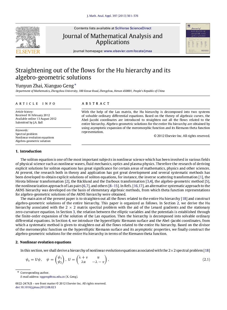 Straightening out of the flows for the Hu hierarchy and its algebro-geometric solutions