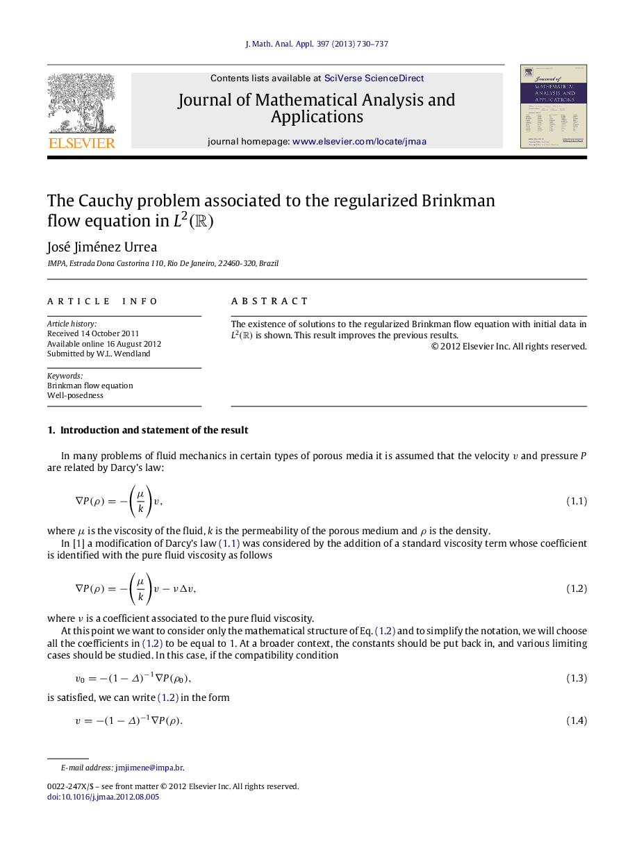 The Cauchy problem associated to the regularized Brinkman flow equation in L2(R)