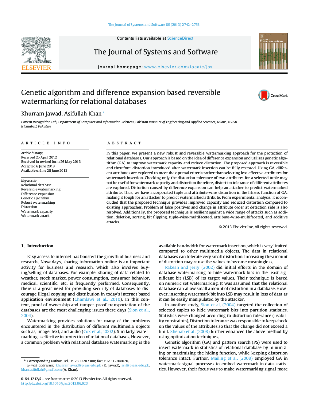 Genetic algorithm and difference expansion based reversible watermarking for relational databases