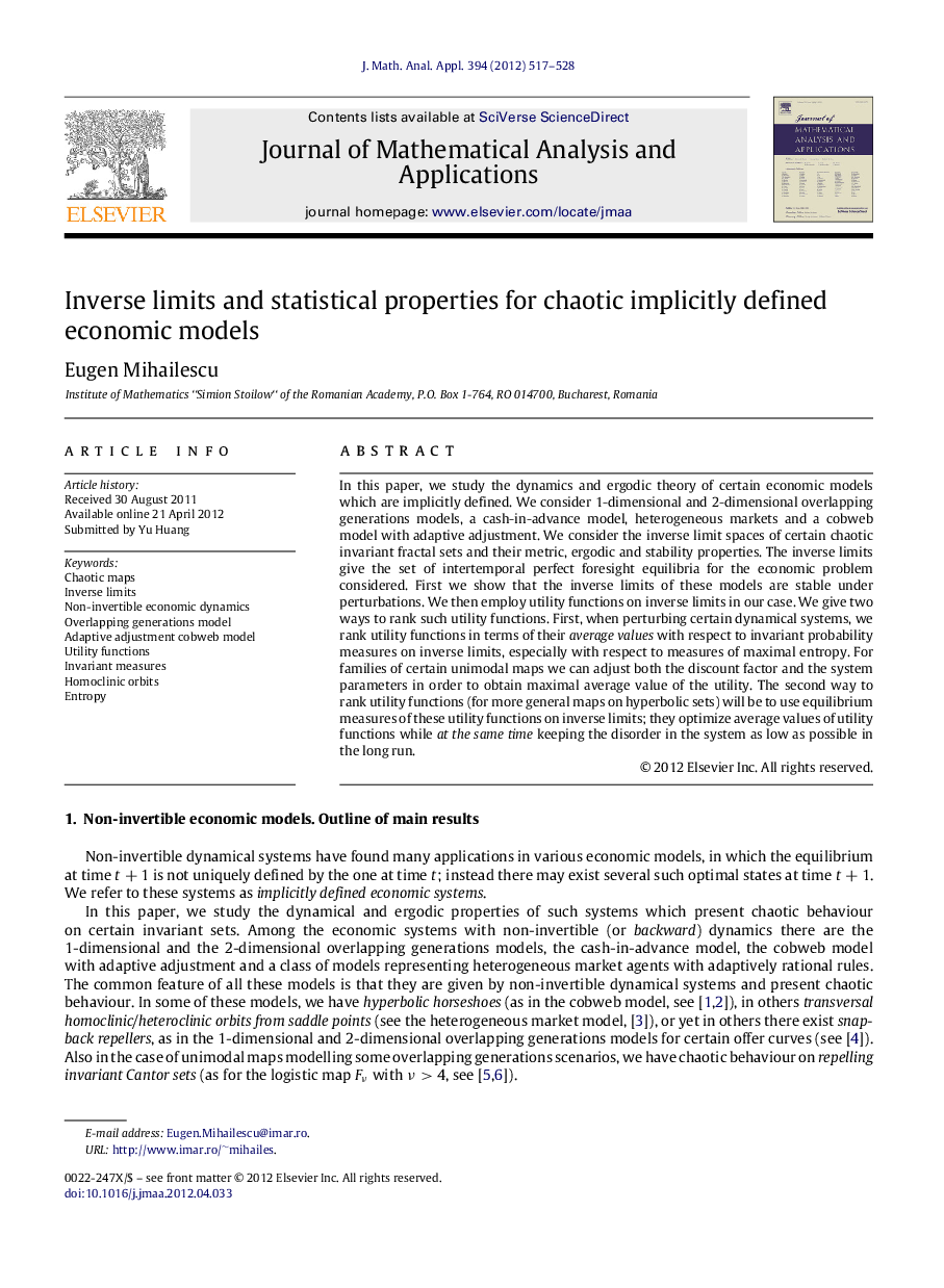 Inverse limits and statistical properties for chaotic implicitly defined economic models