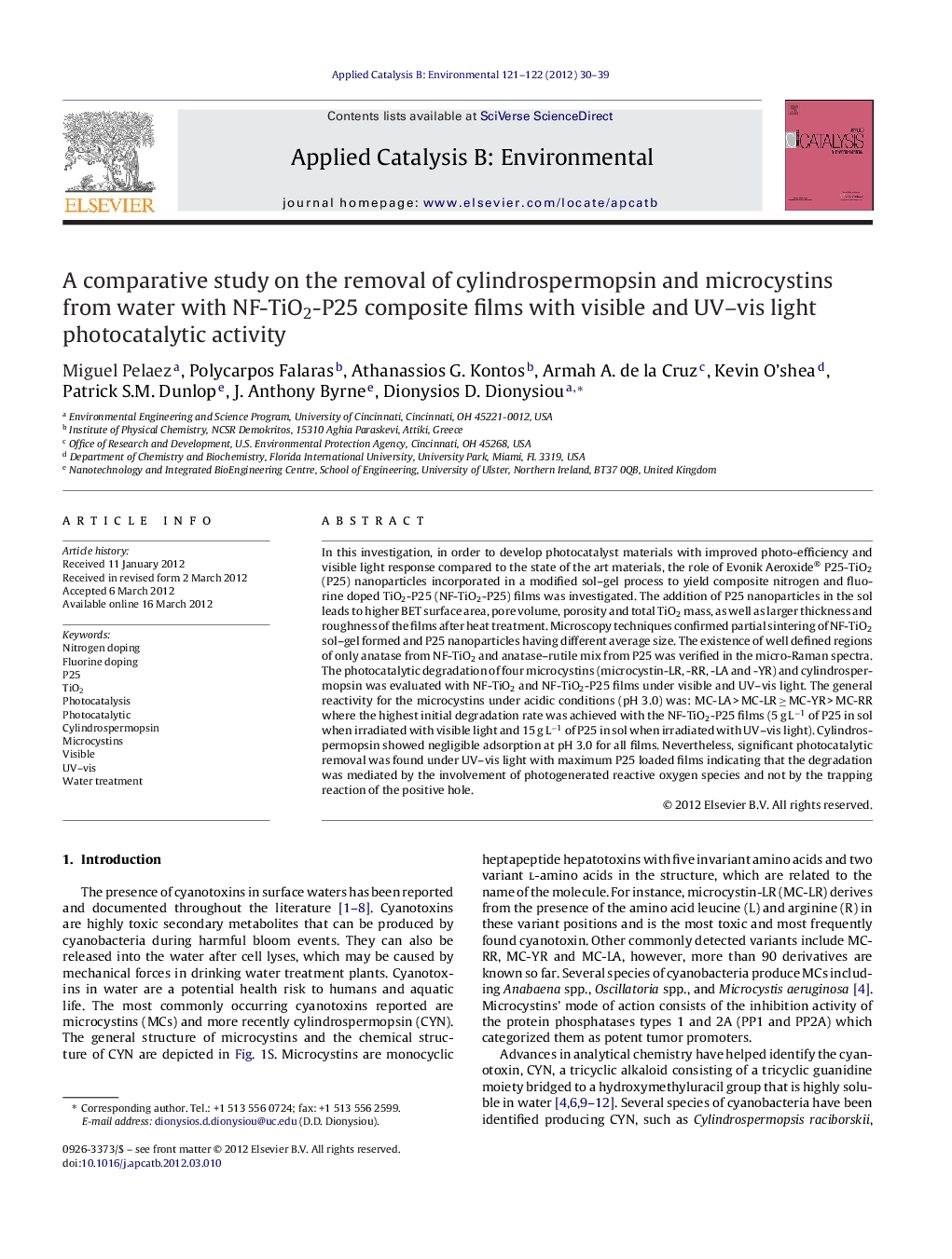 A comparative study on the removal of cylindrospermopsin and microcystins from water with NF-TiO2-P25 composite films with visible and UV–vis light photocatalytic activity