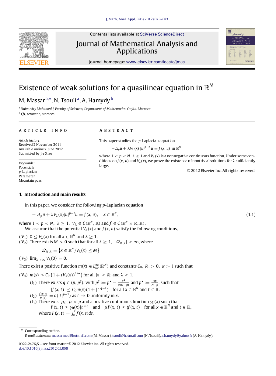 Existence of weak solutions for a quasilinear equation in RNRN