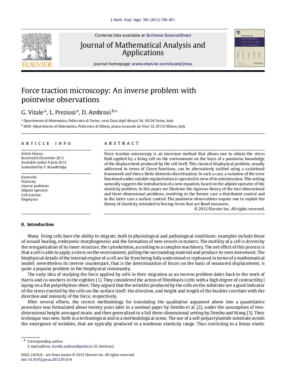 Force traction microscopy: An inverse problem with pointwise observations