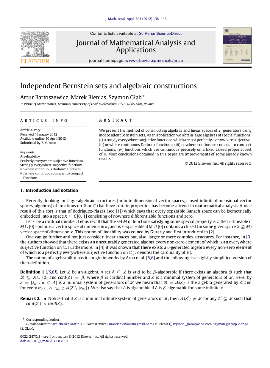 Independent Bernstein sets and algebraic constructions