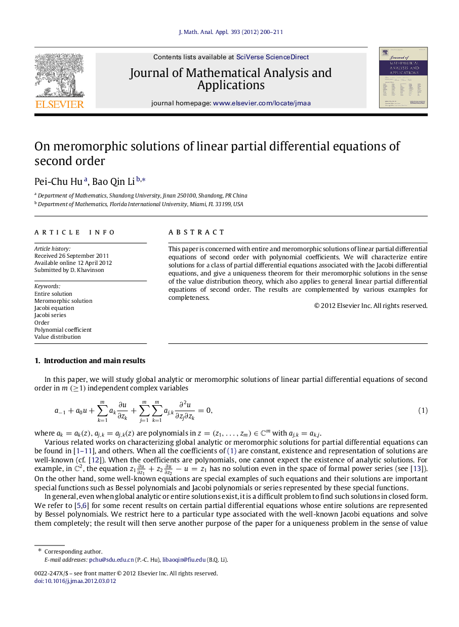 On meromorphic solutions of linear partial differential equations of second order