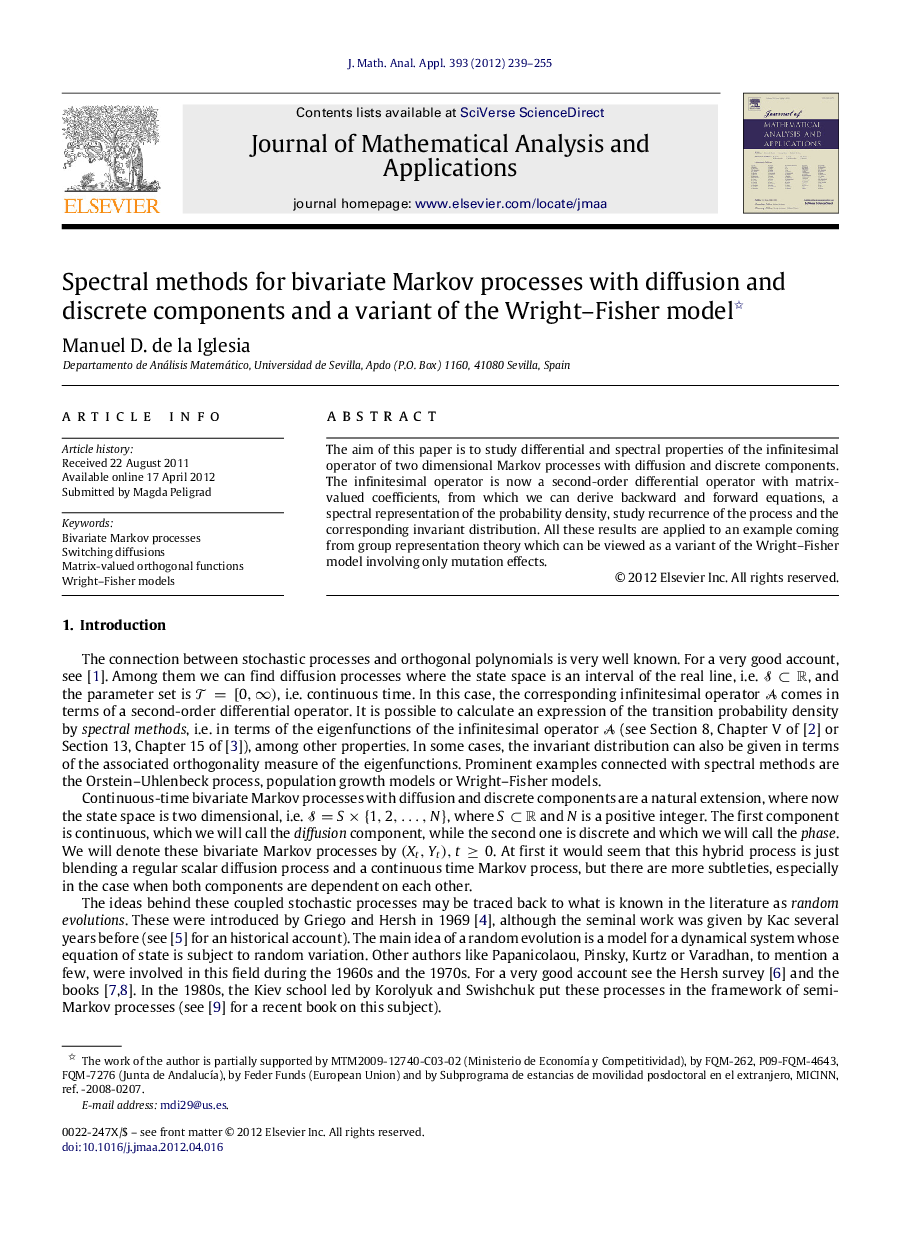 Spectral methods for bivariate Markov processes with diffusion and discrete components and a variant of the Wright–Fisher model 