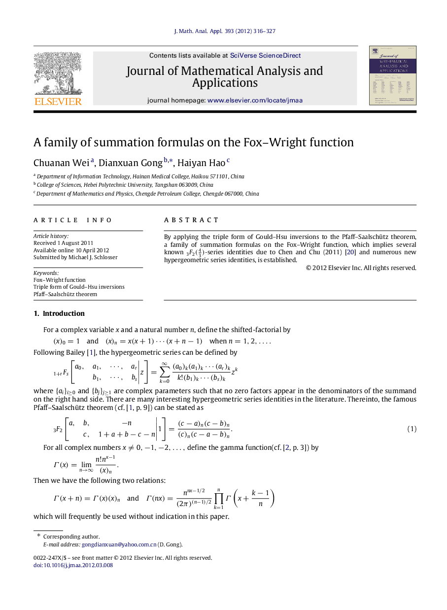 A family of summation formulas on the Fox–Wright function
