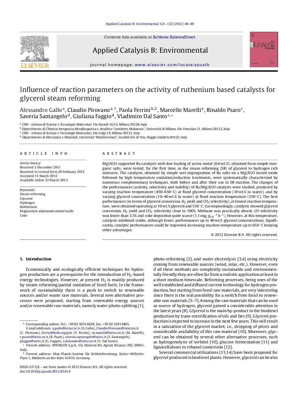 Influence of reaction parameters on the activity of ruthenium based catalysts for glycerol steam reforming