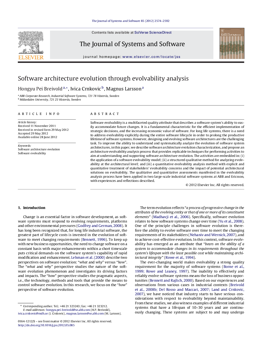 عکس صفحه اول مقاله: Software architecture evolution through evolvability analysis Software architecture evolution through evolvability analysis