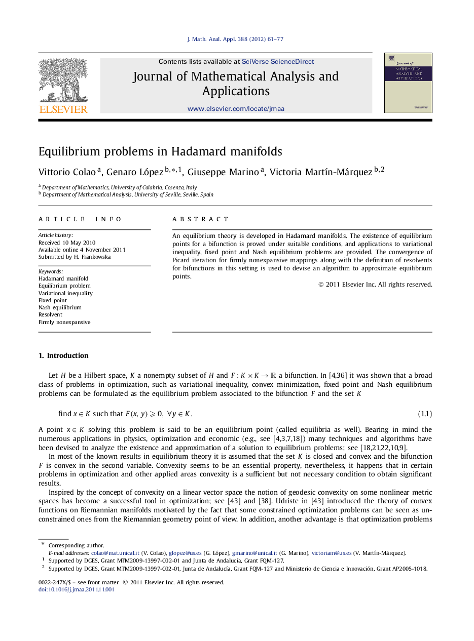 Equilibrium problems in Hadamard manifolds