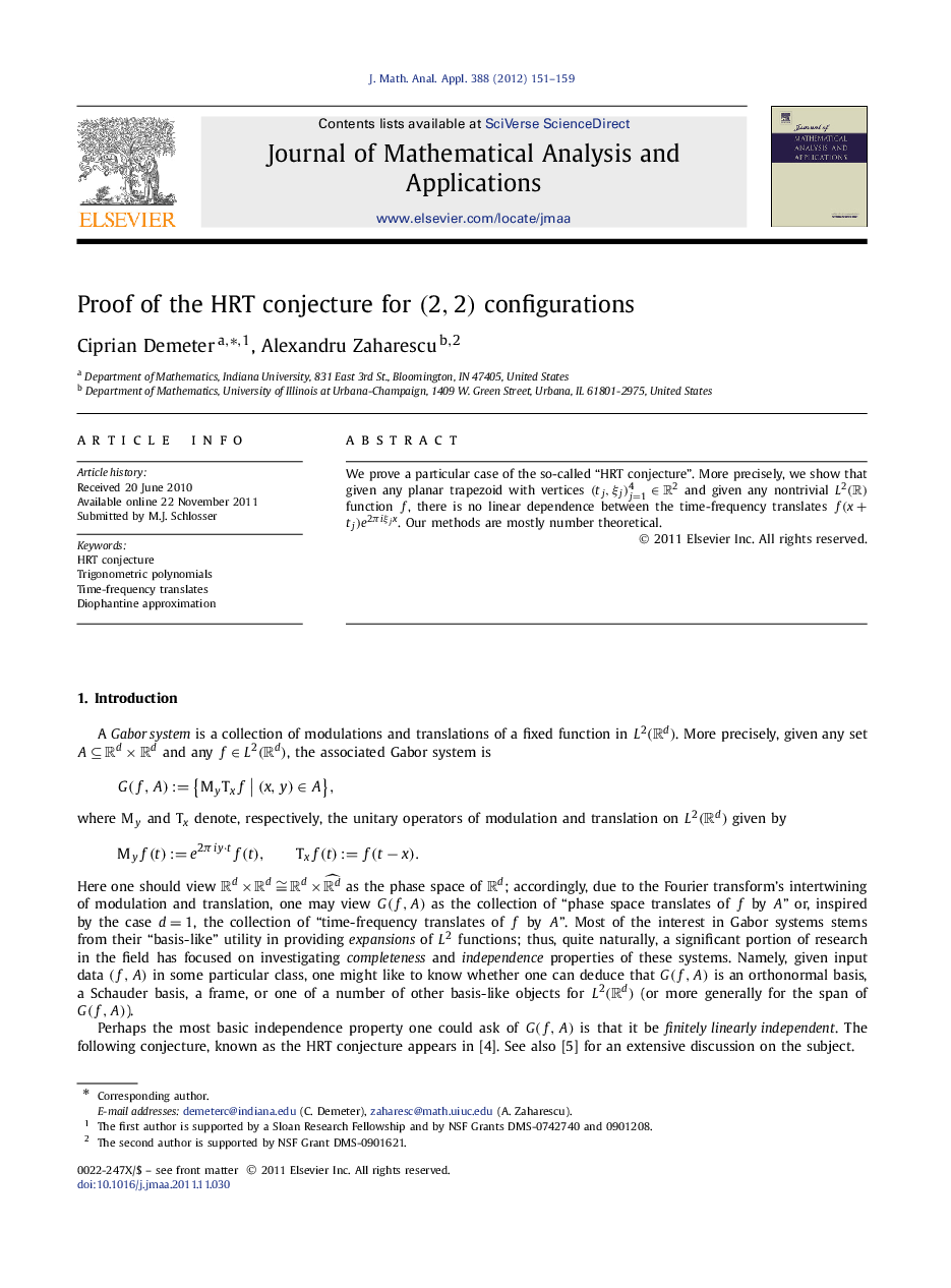 Proof of the HRT conjecture for (2,2) configurations