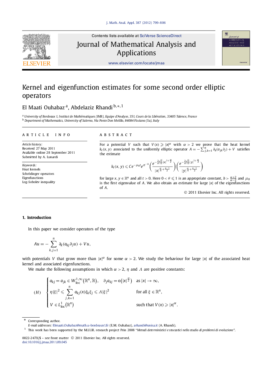 Kernel and eigenfunction estimates for some second order elliptic operators