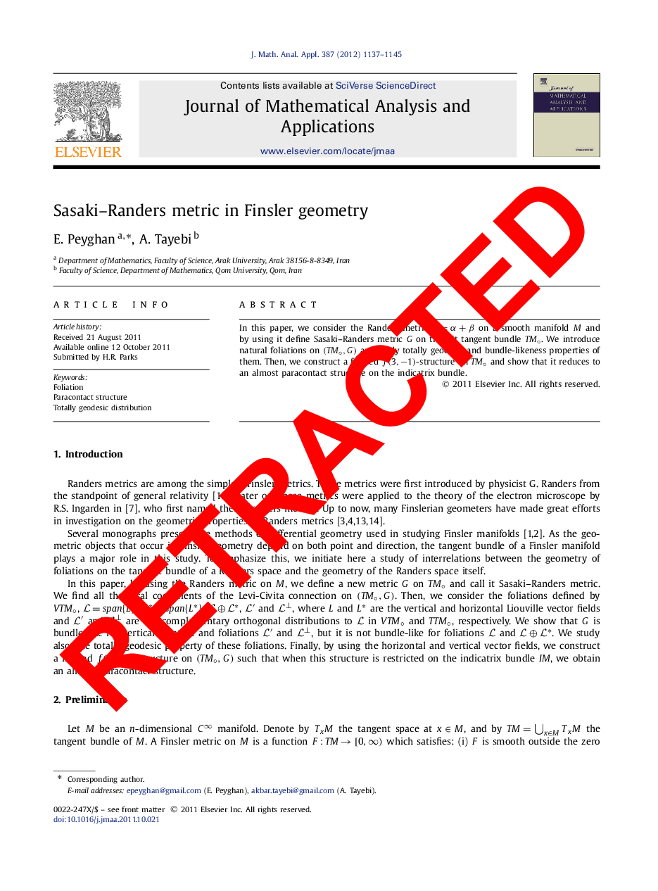 RETRACTED: Sasaki–Randers metric in Finsler geometry