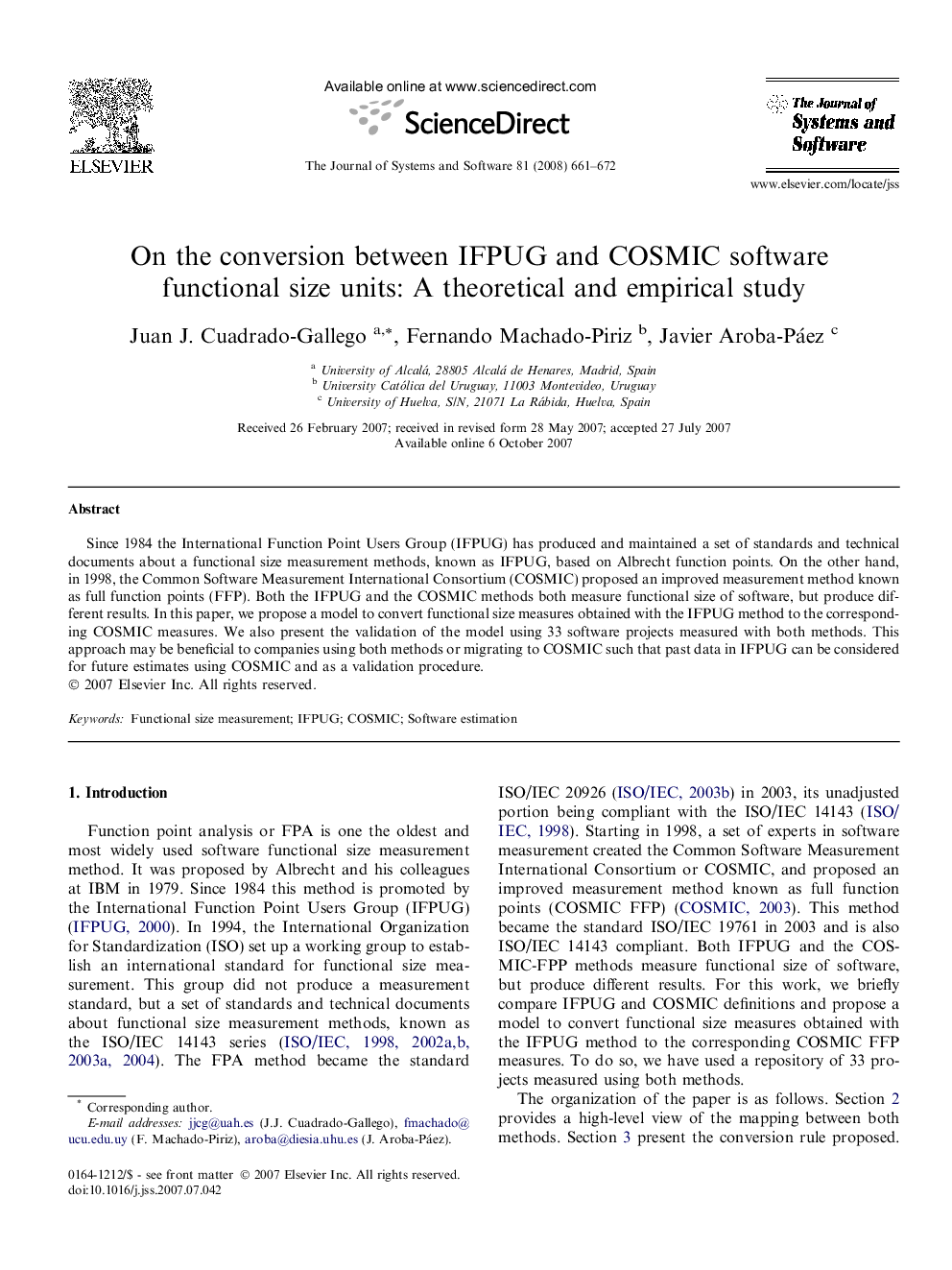 On the conversion between IFPUG and COSMIC software functional size units: A theoretical and empirical study