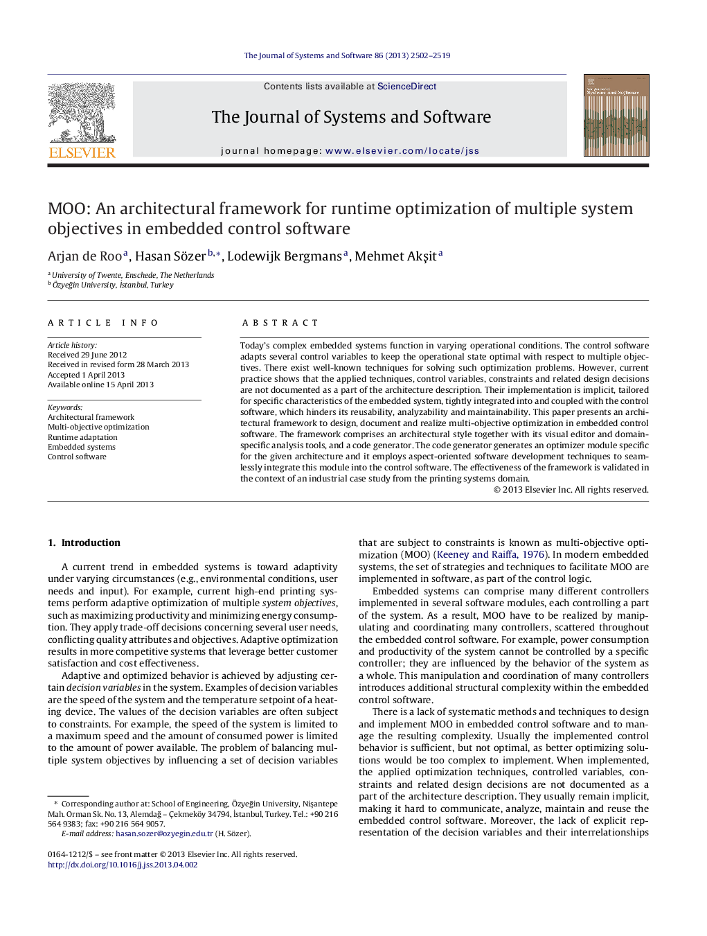 MOO: An architectural framework for runtime optimization of multiple system objectives in embedded control software