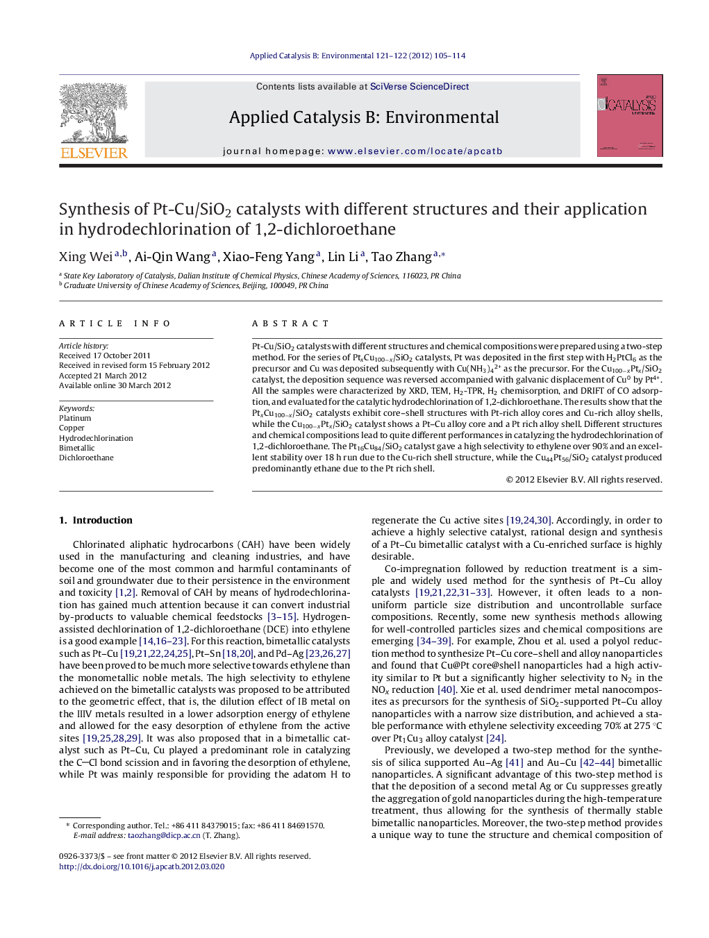 Synthesis of Pt-Cu/SiO2 catalysts with different structures and their application in hydrodechlorination of 1,2-dichloroethane