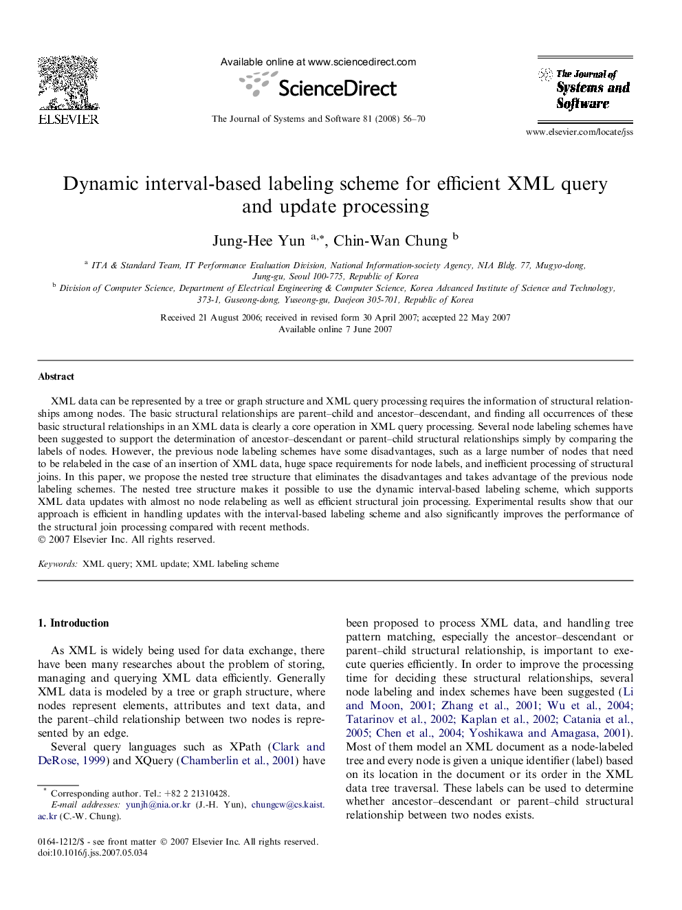 Dynamic interval-based labeling scheme for efficient XML query and update processing