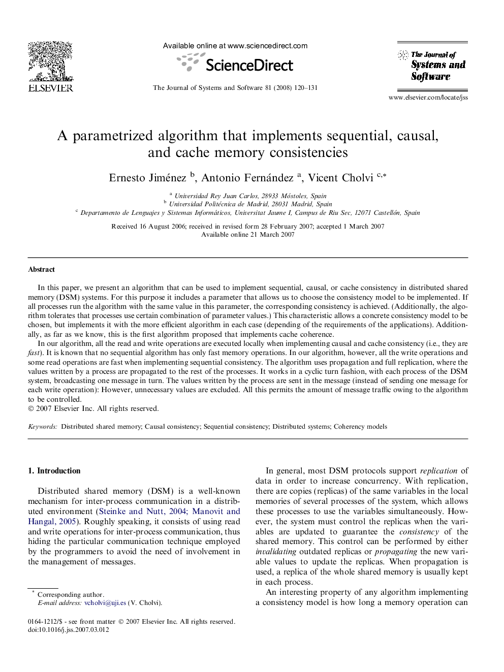 A parametrized algorithm that implements sequential, causal, and cache memory consistencies