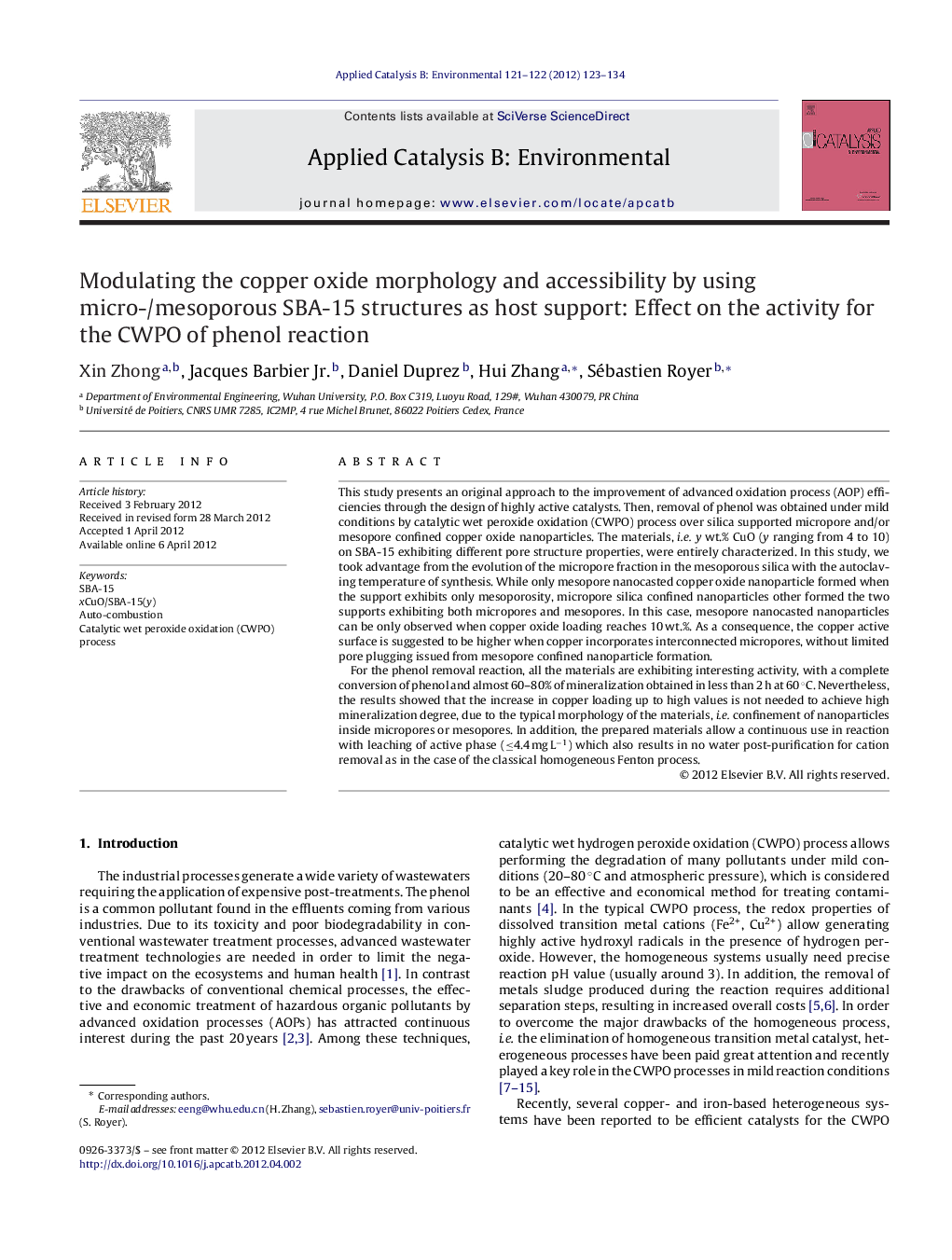 Modulating the copper oxide morphology and accessibility by using micro-/mesoporous SBA-15 structures as host support: Effect on the activity for the CWPO of phenol reaction