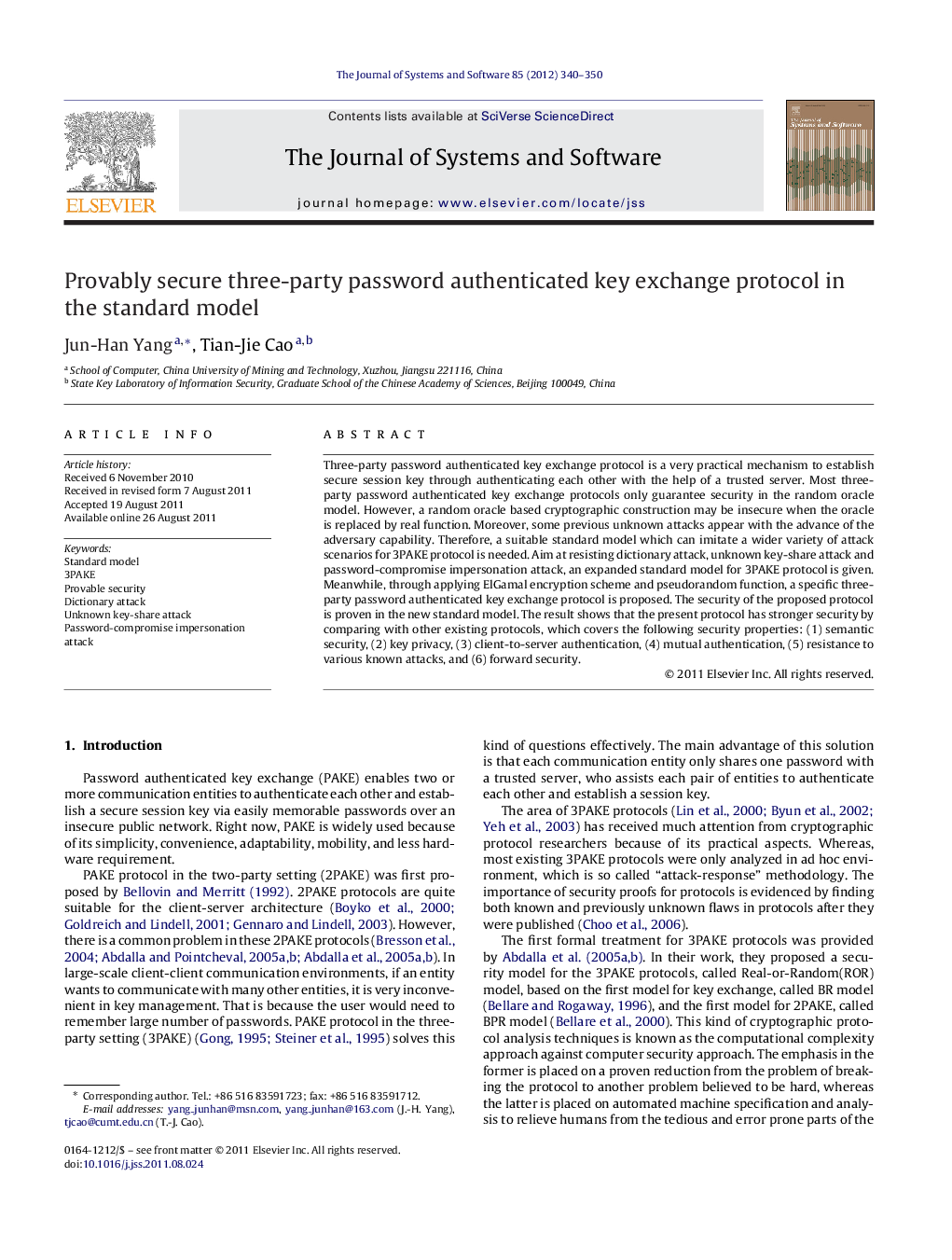 Provably secure three-party password authenticated key exchange protocol in the standard model