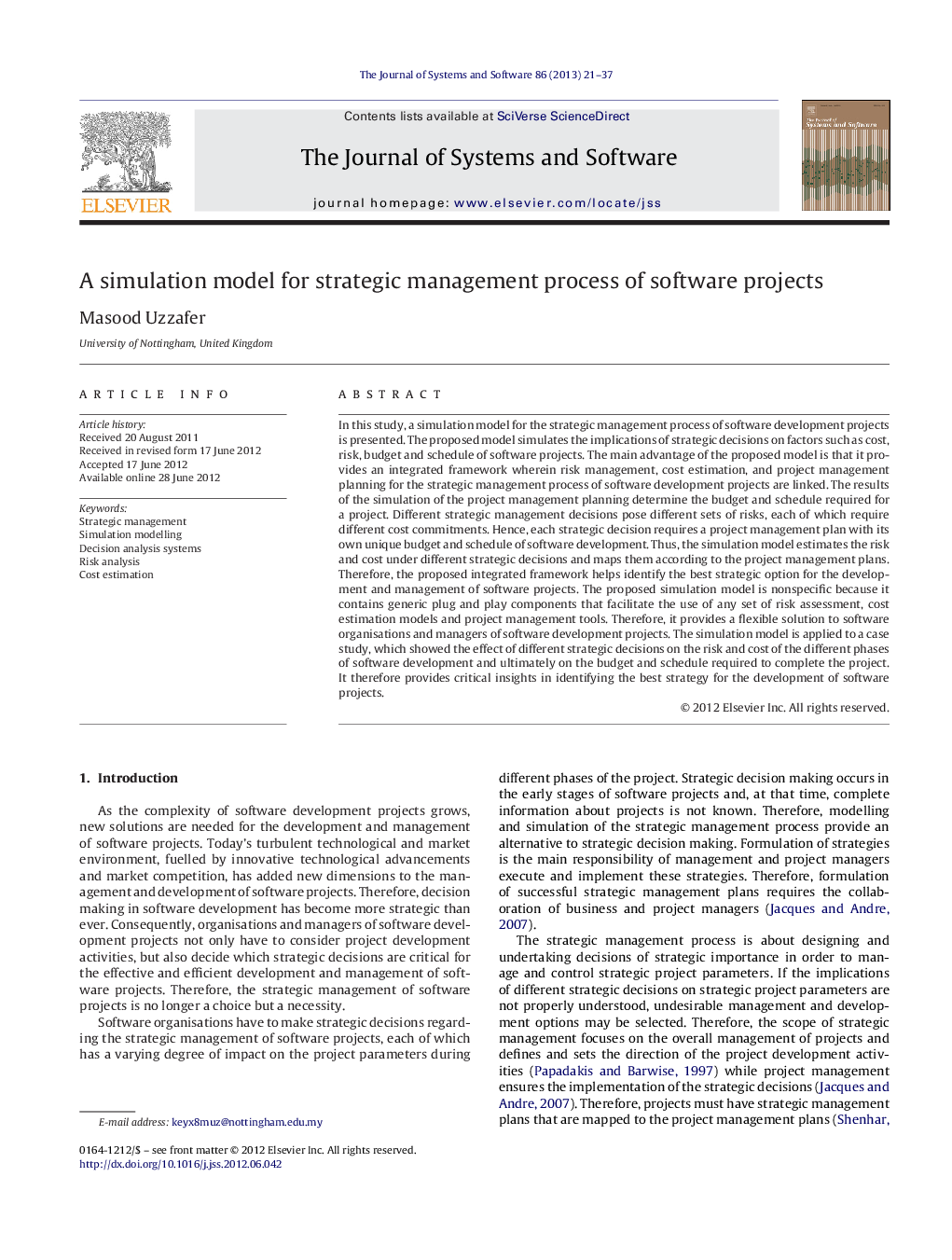 A simulation model for strategic management process of software projects