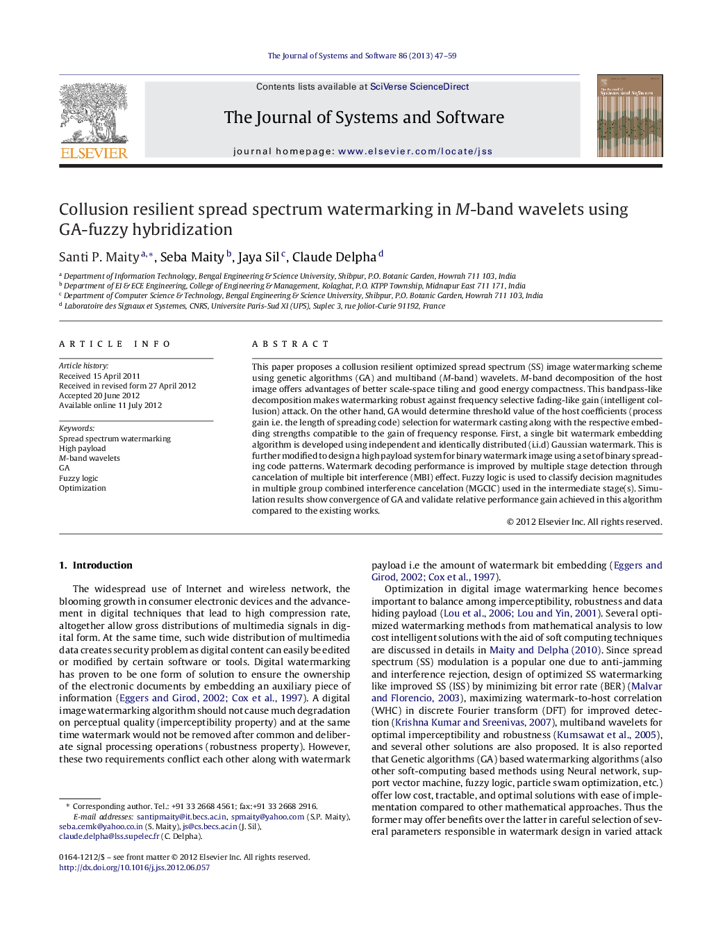 Collusion resilient spread spectrum watermarking in M-band wavelets using GA-fuzzy hybridization