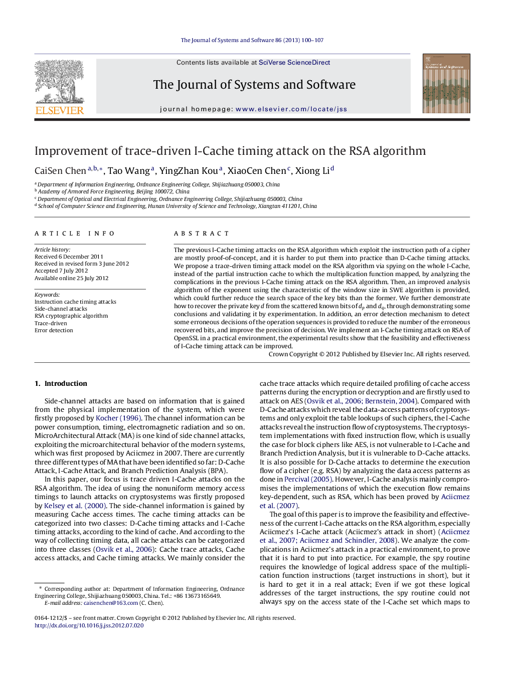 Improvement of trace-driven I-Cache timing attack on the RSA algorithm