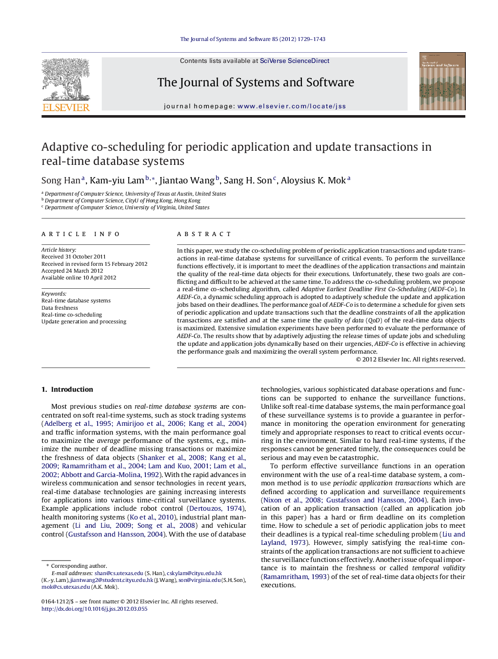 عکس صفحه اول مقاله: Adaptive co-scheduling for periodic application and update transactions in real-time database systems Adaptive co-scheduling for periodic application and update transactions in real-time database systems